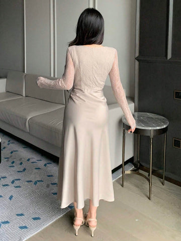 DAZY Lace Patchwork Square Neck Long Sleeve Pleated Women Midi Dress