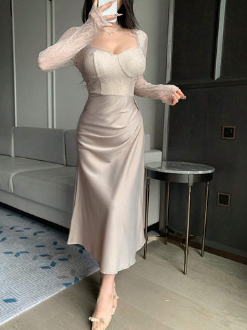 DAZY Lace Patchwork Square Neck Long Sleeve Pleated Women Midi Dress