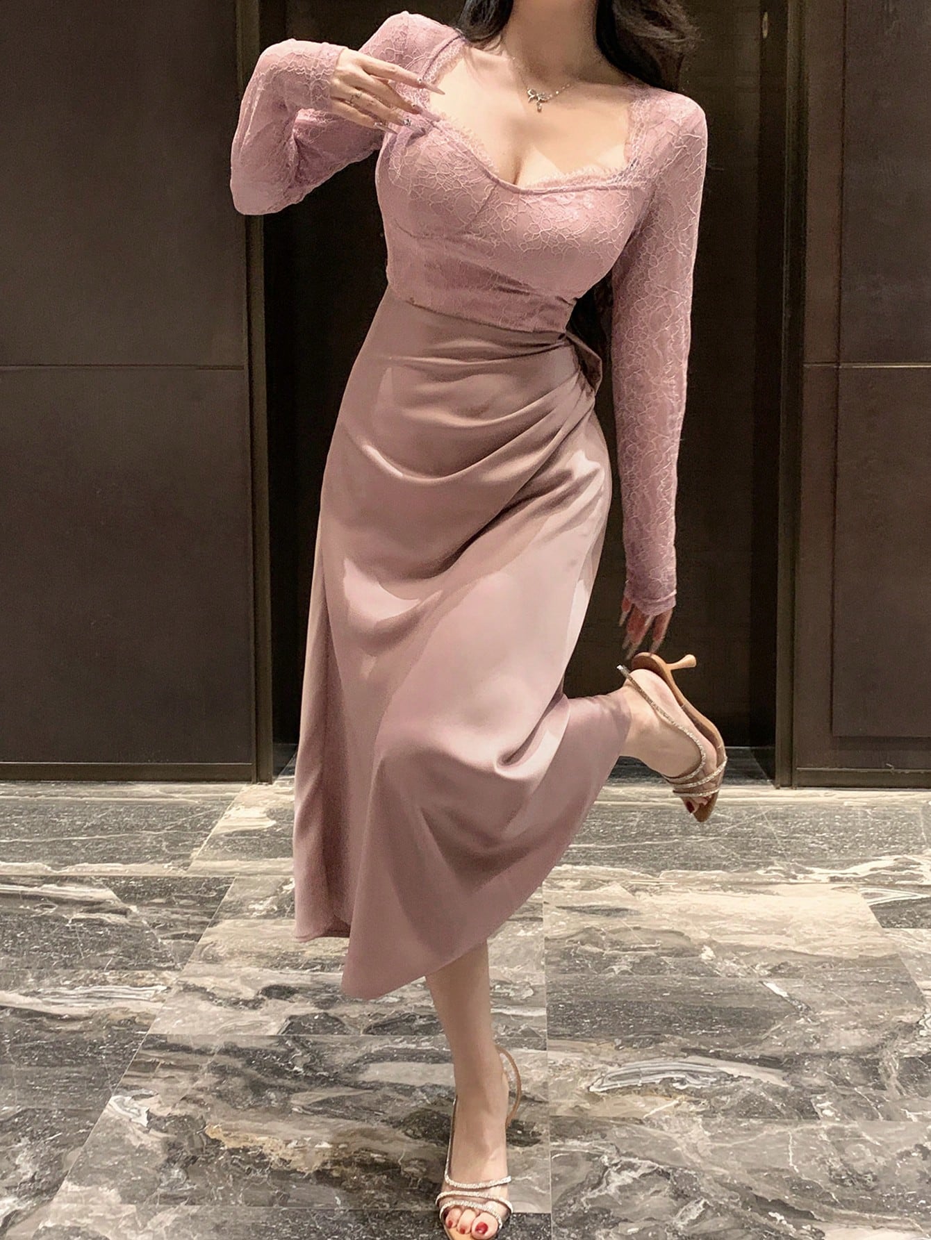 DAZY Lace Patchwork Square Neck Long Sleeve Pleated Women Midi Dress