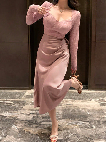 DAZY Lace Patchwork Square Neck Long Sleeve Pleated Women Midi Dress