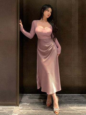 DAZY Lace Patchwork Square Neck Long Sleeve Pleated Women Midi Dress