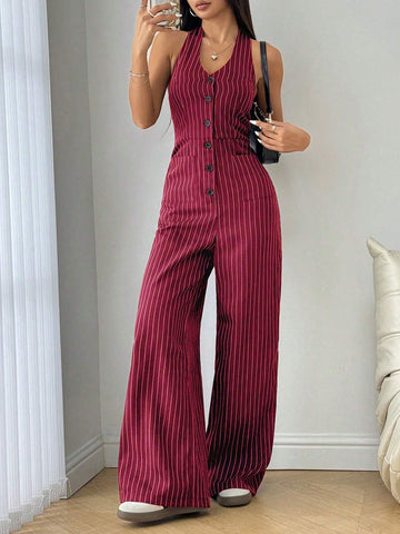 Flirla Striped Print Backless Button Up Casual Sleeveless Jumpsuit