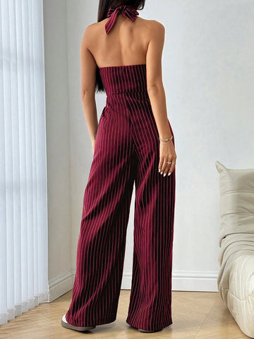 Flirla Striped Print Backless Button Up Casual Sleeveless Jumpsuit