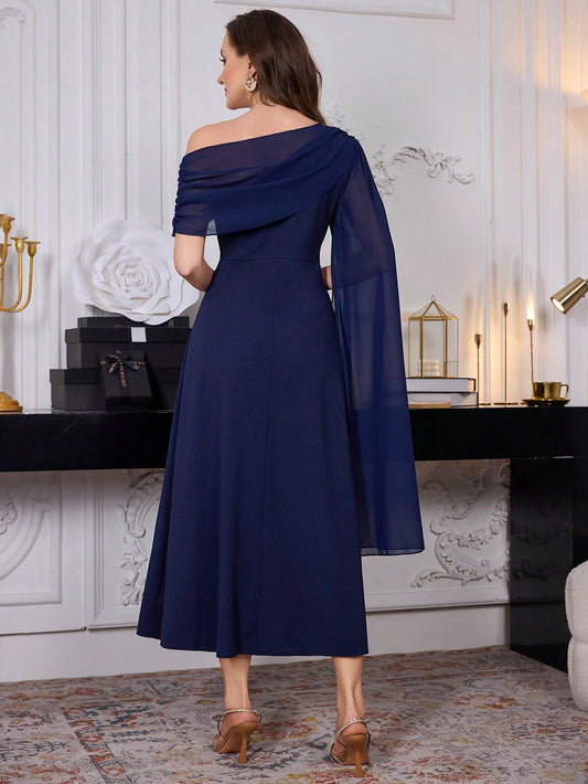 Modelyn Women's Oblique Shoulder Solid Color Long Casual Dress