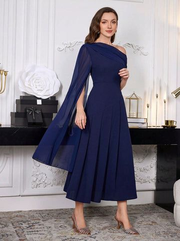 Modelyn Women's Oblique Shoulder Solid Color Long Casual Dress