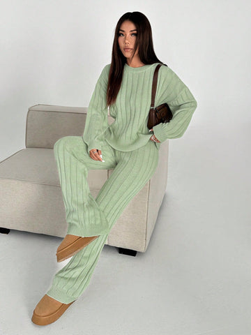 MOOSTA Solid Color Drop Shoulder Sweater And Knitted Wide Leg Pants