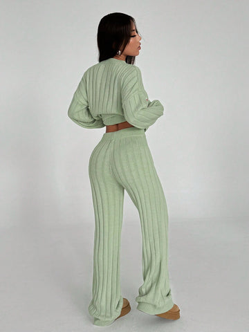 MOOSTA Solid Color Drop Shoulder Sweater And Knitted Wide Leg Pants