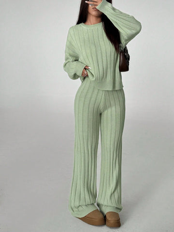 MOOSTA Solid Color Drop Shoulder Sweater And Knitted Wide Leg Pants