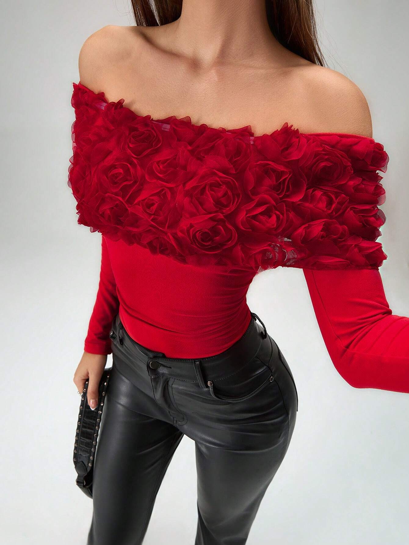 Roylia 1pc Elegant Open Shoulder 3D Floral Bodysuit