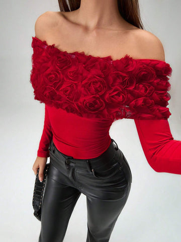 Roylia 1pc Elegant Open Shoulder 3D Floral Bodysuit