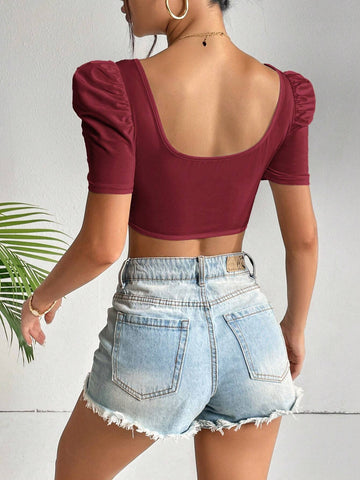 Privé Spring Break Square Neck Puff Sleeve Asymmetrical Hem Crop Tee