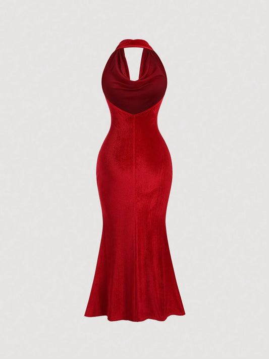 MOOSTA 1pc Women's Casual Draped Neck, Fishtail, Backless, Soft Halter Dress
