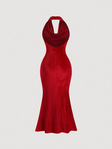 MOOSTA 1pc Women's Casual Draped Neck, Fishtail, Backless, Soft Halter Dress