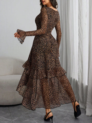 Elegant Sexy Long Sleeve Y2K Romantic Pleated Two-Layer Long Sleeve Abstract Leopard Print Dress