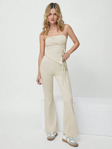 EZwear 2pcs Casual Solid Color Ruched Asymmetric Hem Tube Top And Flared Pants Set