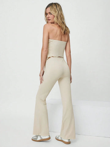EZwear 2pcs Casual Solid Color Ruched Asymmetric Hem Tube Top And Flared Pants Set