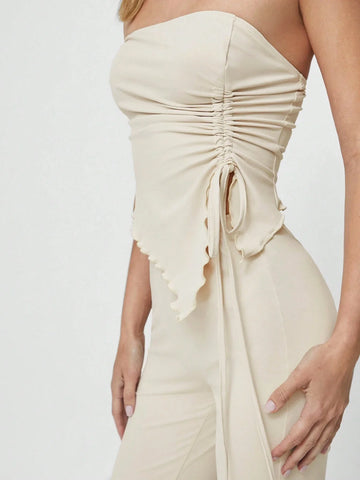 EZwear 2pcs Casual Solid Color Ruched Asymmetric Hem Tube Top And Flared Pants Set