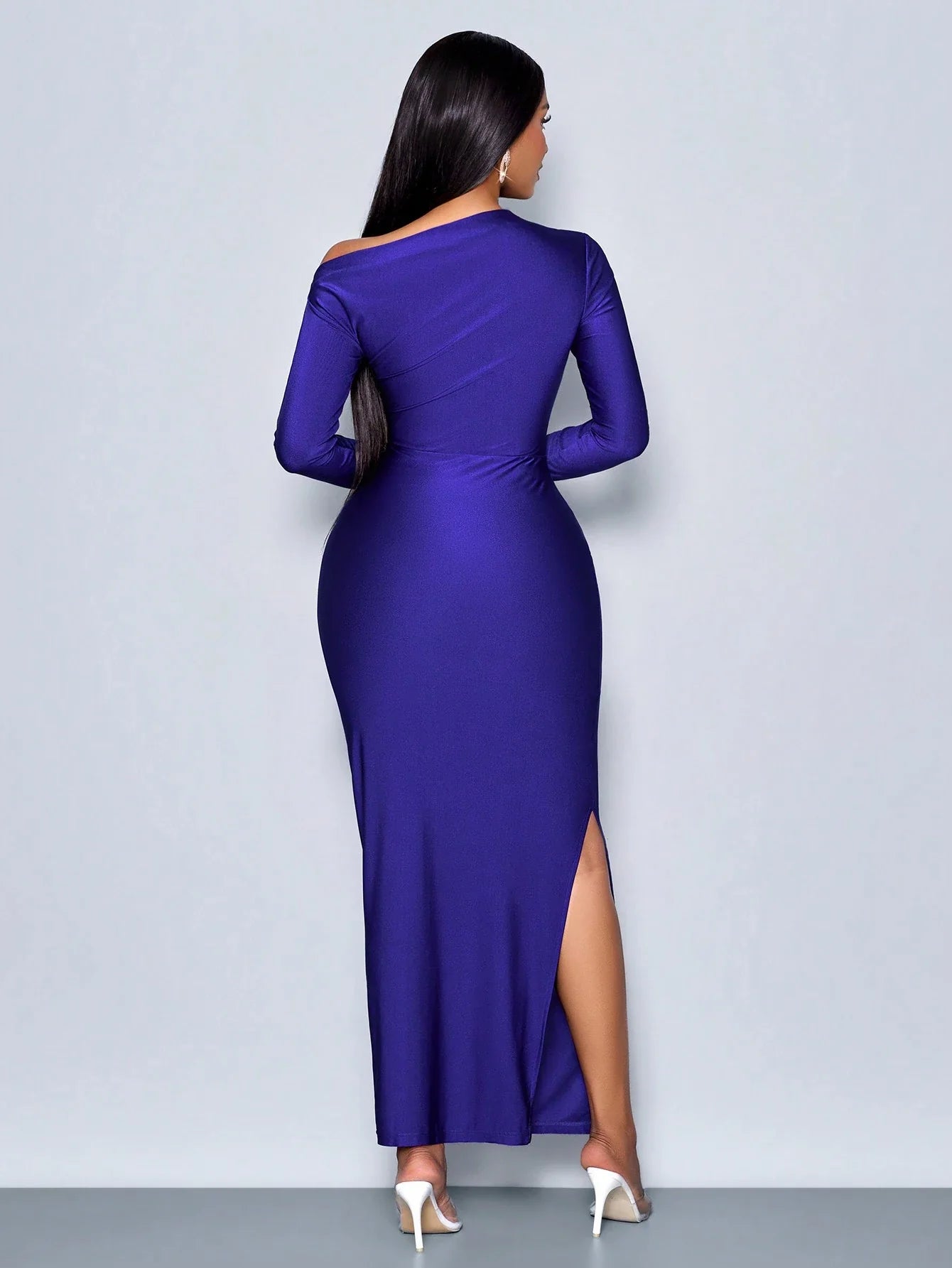 Elegant Asymmetric Neckline Ruched Side Bodycon Dress