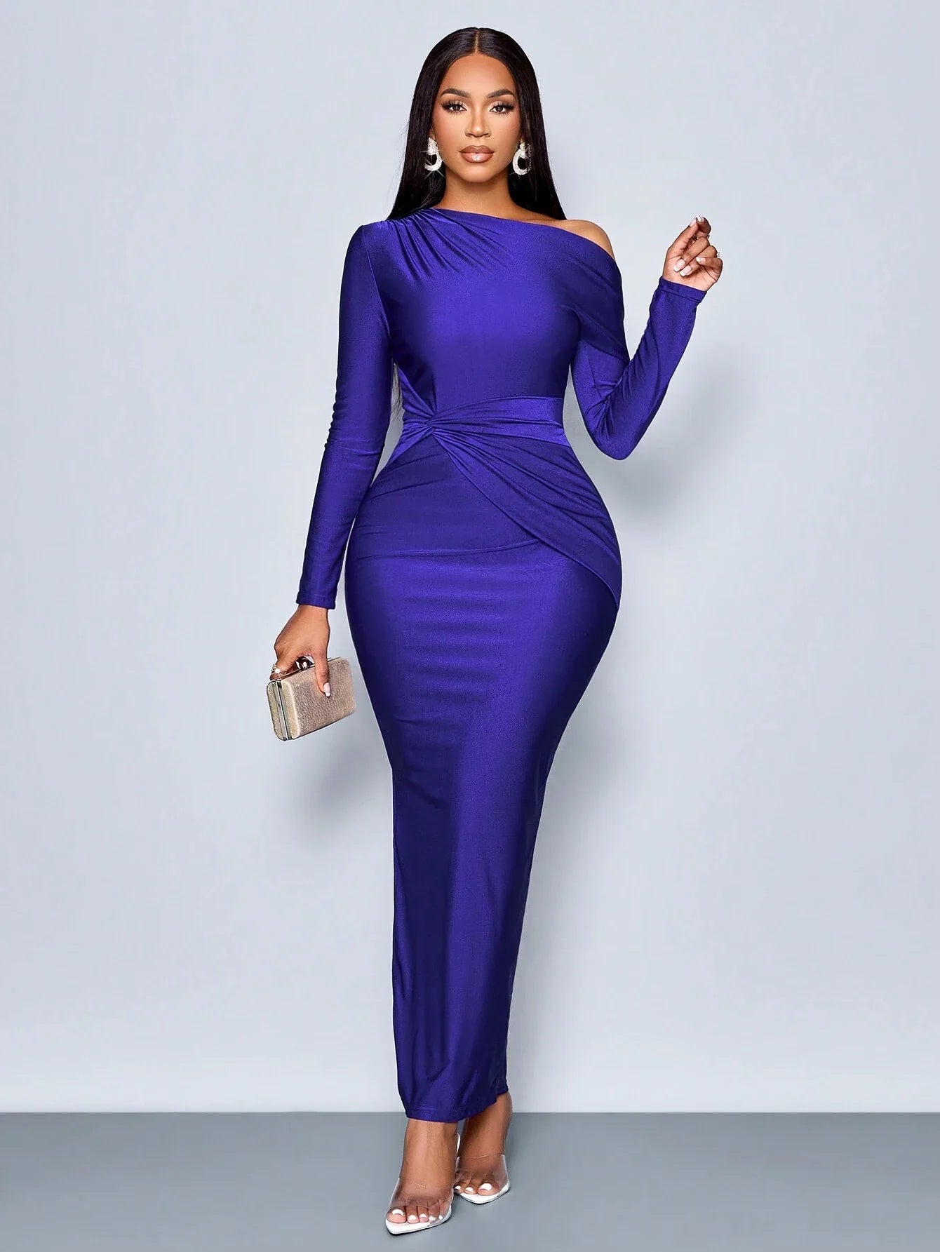 Elegant Asymmetric Neckline Ruched Side Bodycon Dress