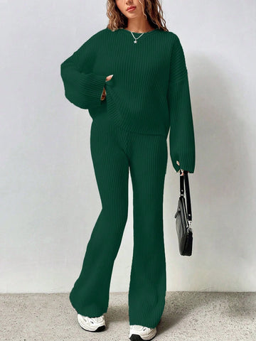 MOOSTA Solid Color Drop Shoulder Sweater And Knitted Wide Leg Pants