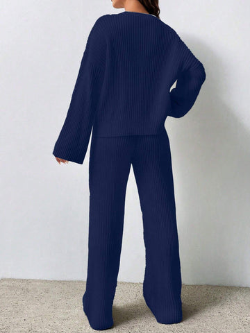 MOOSTA Solid Color Drop Shoulder Sweater And Knitted Wide Leg Pants