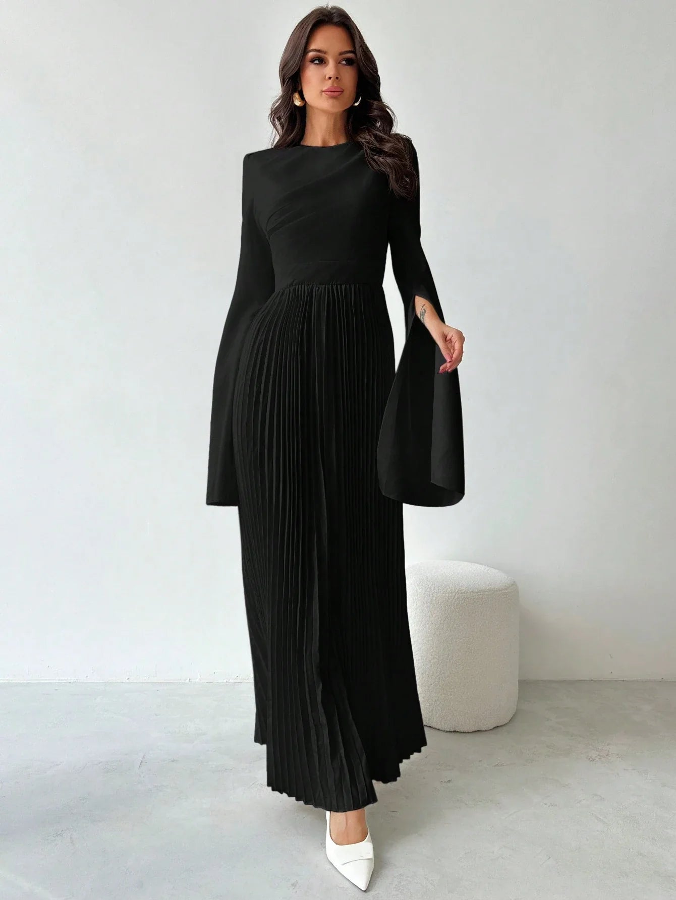 Firerie Elegant Romantic Party Pleated Loose A-Line White Midi Dress