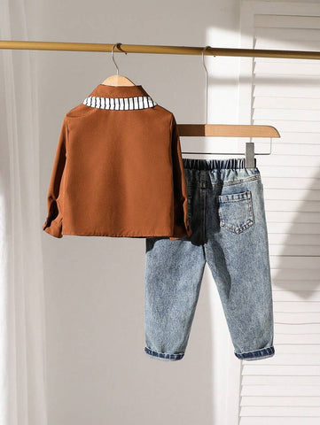 Baby Boy Daily Casual Solid Color Long Sleeve Shirt And Washed Pants Set