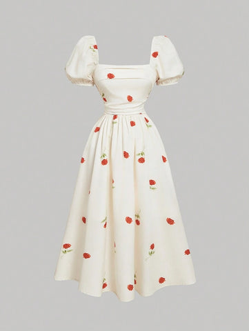 MOD Base Rose Flower Puff Sleeve Chest Ruched Waist Cinched Dress