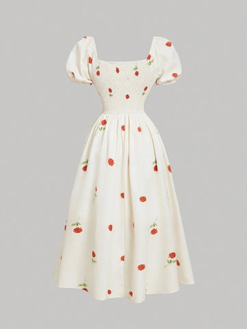 MOD Base Rose Flower Puff Sleeve Chest Ruched Waist Cinched Dress