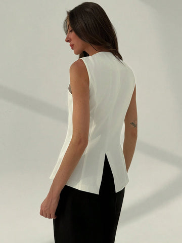 Aloruh Minimalist Refined Office Crew Neck Fitted Metallic Decor Split Hem Blazer