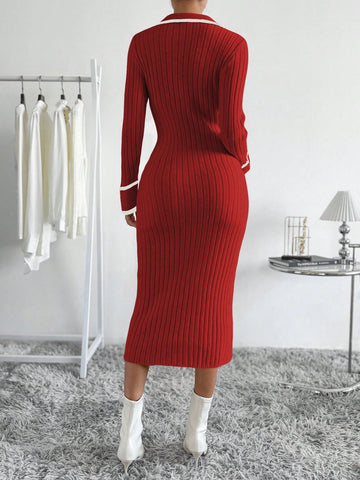 Raffinéa Striped Trim Button Front Sweater Dress