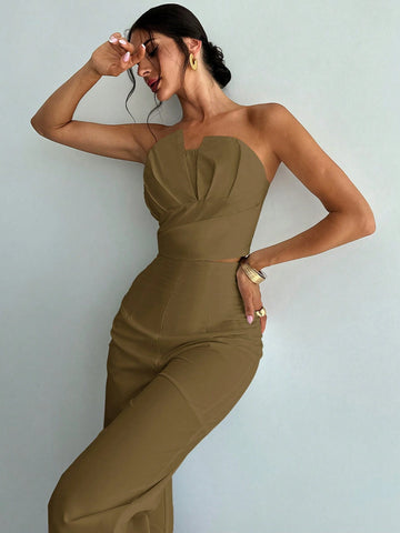 Women's Elegant Design Asymmetrical Fitted Tube Top & High Waist Faux Boned Straight Leg Pants