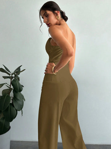 Women's Elegant Design Asymmetrical Fitted Tube Top & High Waist Faux Boned Straight Leg Pants
