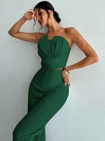 Women's Elegant Design Asymmetrical Fitted Tube Top & High Waist Faux Boned Straight Leg Pants