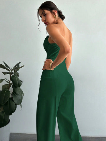 Women's Elegant Design Asymmetrical Fitted Tube Top & High Waist Faux Boned Straight Leg Pants