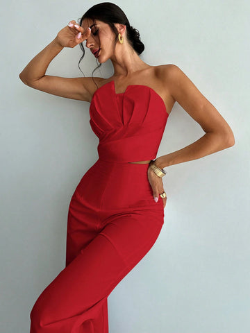 Women's Elegant Design Asymmetrical Fitted Tube Top & High Waist Faux Boned Straight Leg Pants