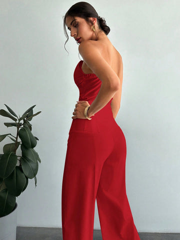 Women's Elegant Design Asymmetrical Fitted Tube Top & High Waist Faux Boned Straight Leg Pants