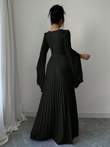 Elenzga V-Neck Pleated Open Sleeve Elegant Romantic Women Dress