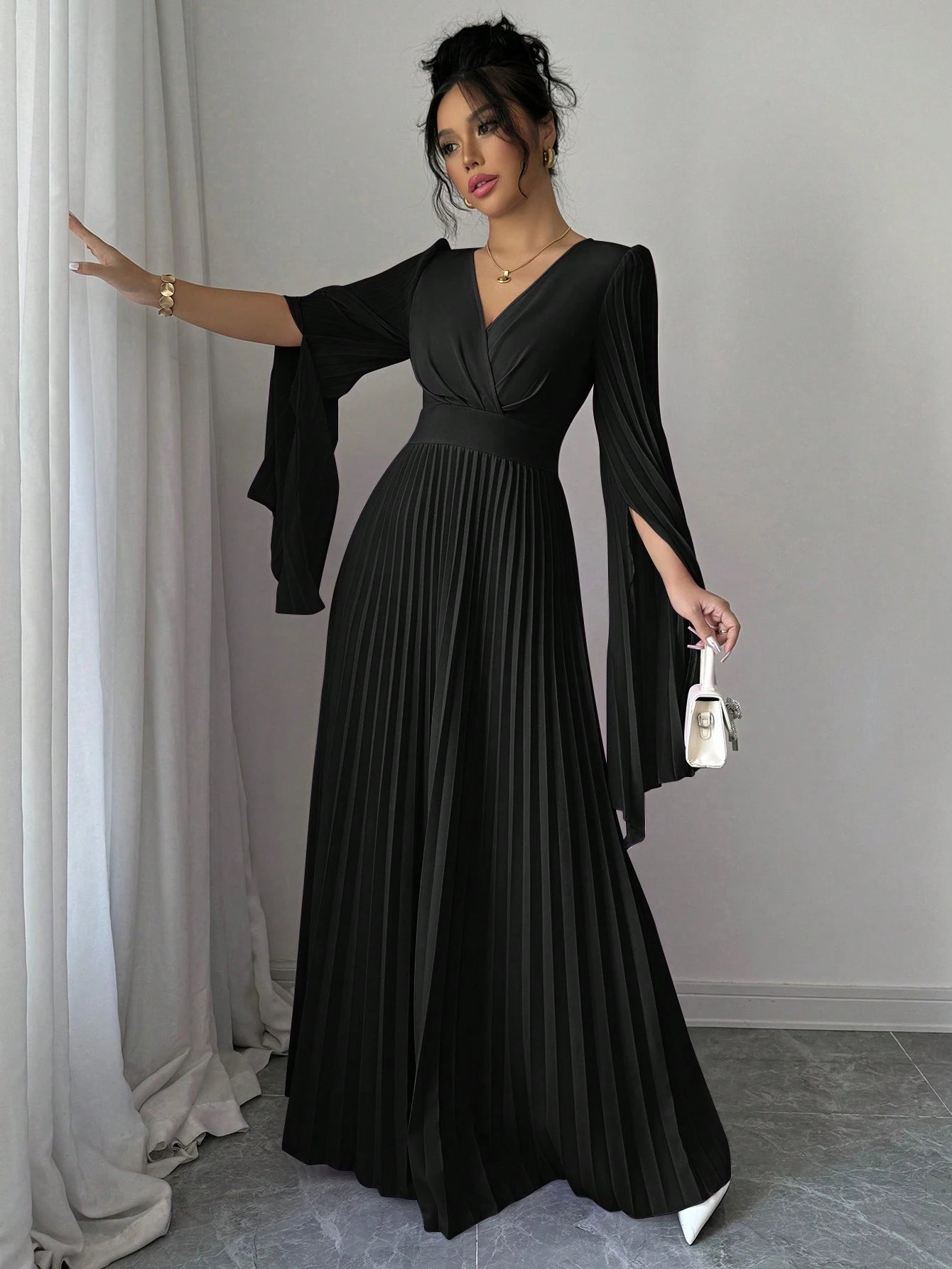 Elenzga V-Neck Pleated Open Sleeve Elegant Romantic Women Dress