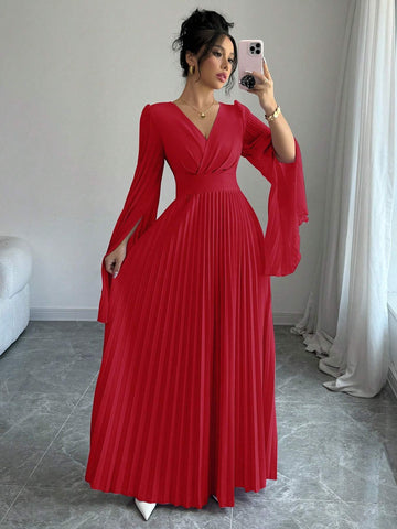 Elenzga V-Neck Pleated Open Sleeve Elegant Romantic Women Dress