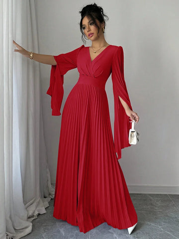 Elenzga V-Neck Pleated Open Sleeve Elegant Romantic Women Dress