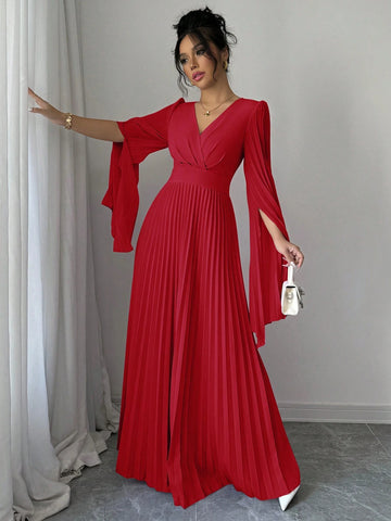 Elenzga V-Neck Pleated Open Sleeve Elegant Romantic Women Dress