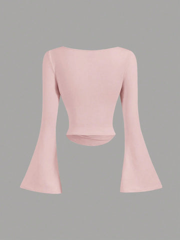 MOD Women's Solid Color Boat Neck Flared Sleeve Waist Ruched Casual T-Shirt