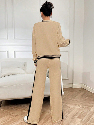 Relaxiva 2pcs Women Contrast Striped Print Front Button Long Sleeve Top & Long Pants