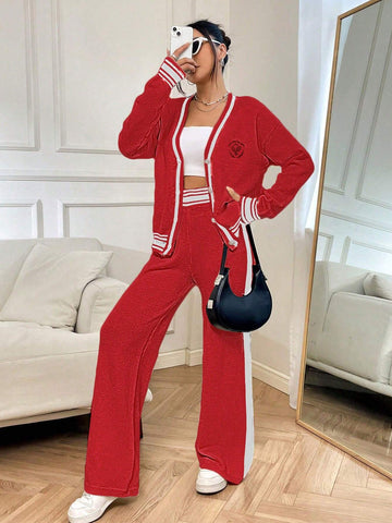 Relaxiva 2pcs Women Contrast Striped Print Front Button Long Sleeve Top & Long Pants