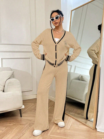 Relaxiva 2pcs Women Contrast Striped Print Front Button Long Sleeve Top & Long Pants