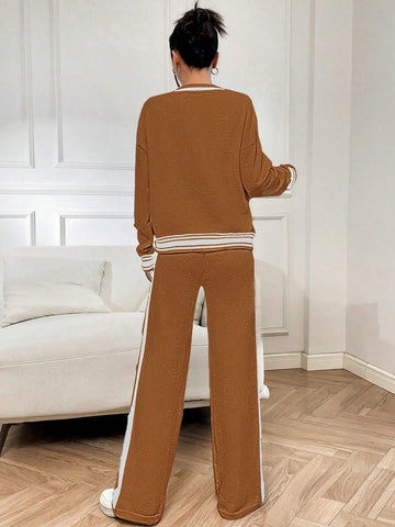 Relaxiva 2pcs Women Contrast Striped Print Front Button Long Sleeve Top & Long Pants