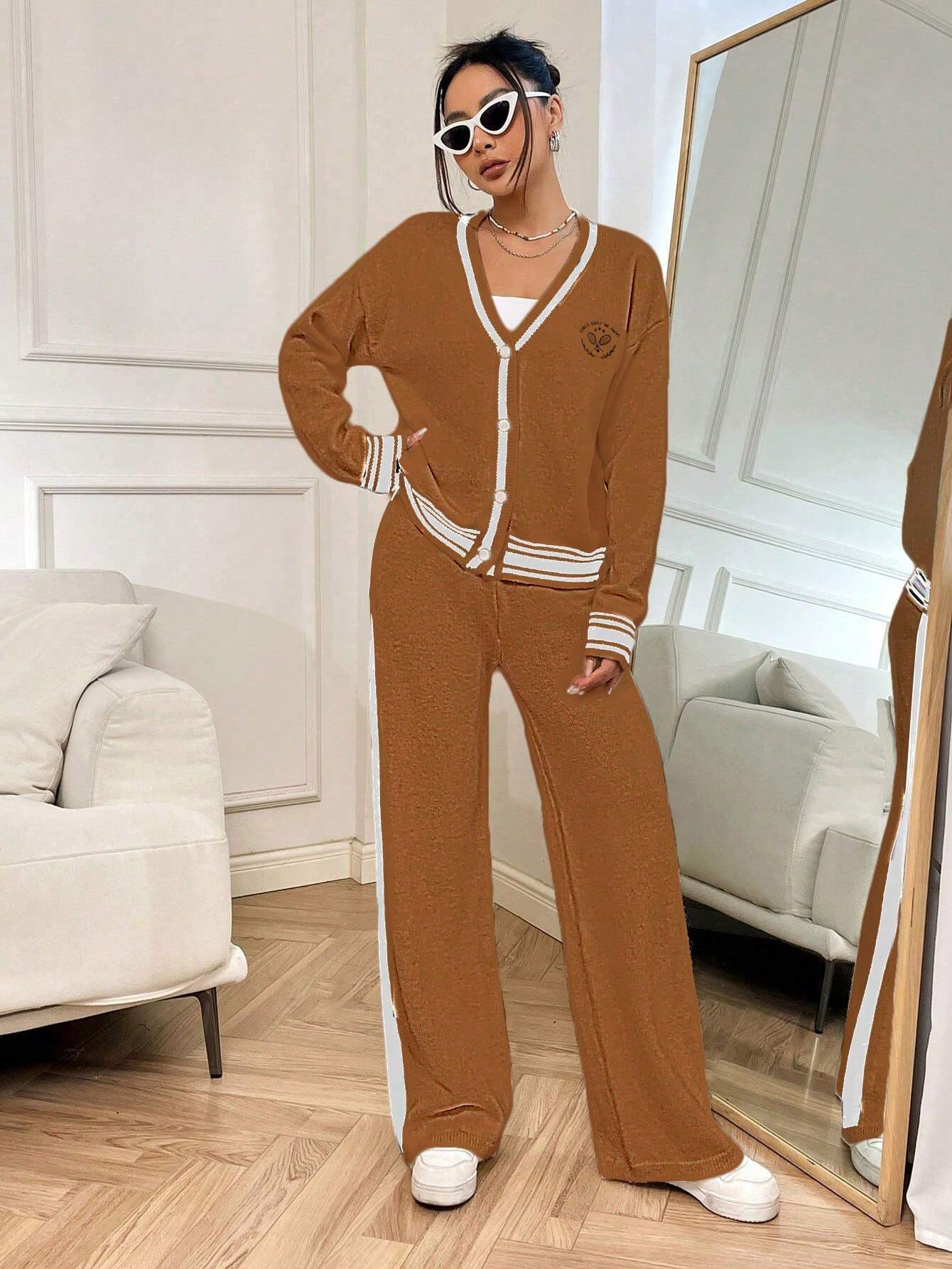 Relaxiva 2pcs Women Contrast Striped Print Front Button Long Sleeve Top & Long Pants