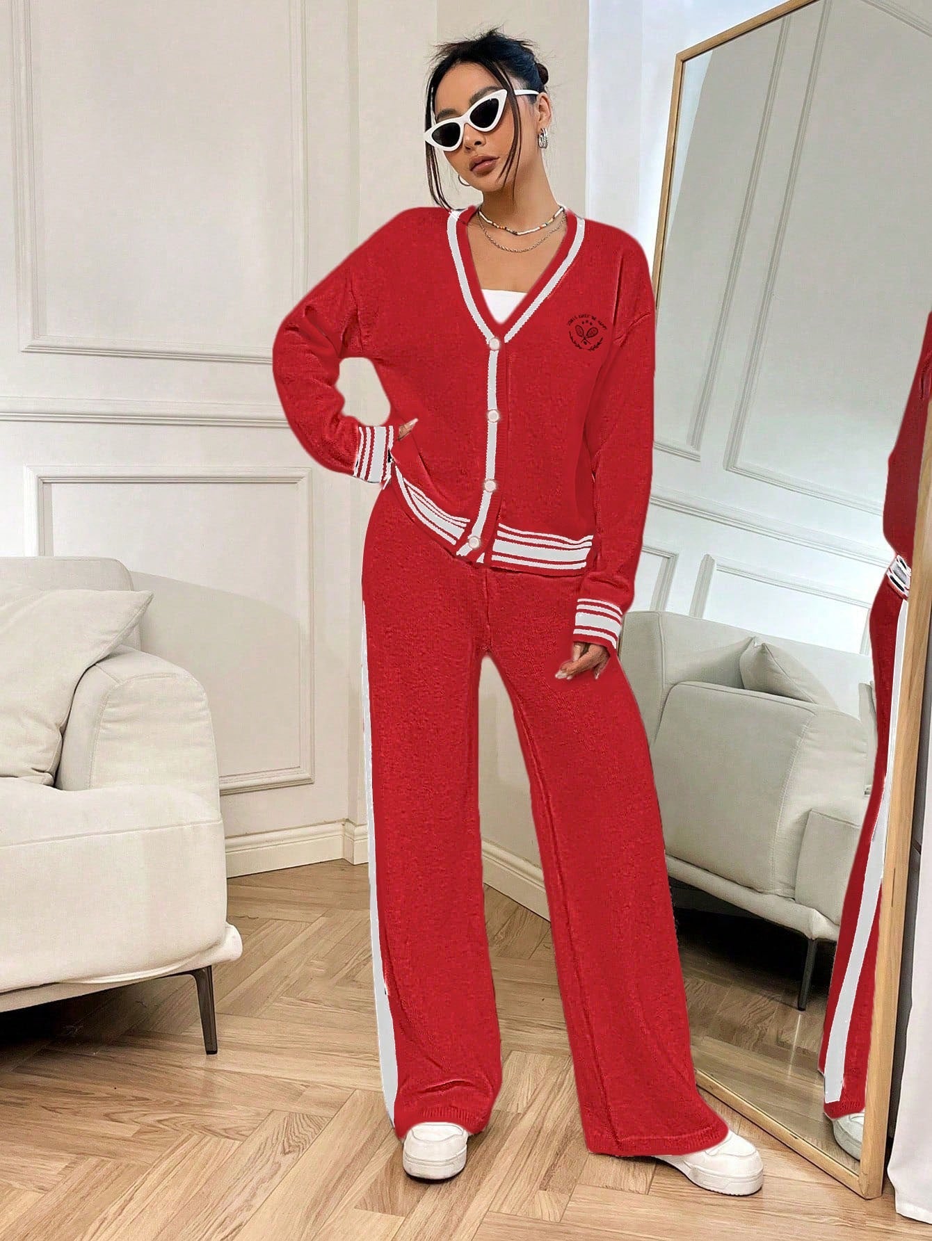 Relaxiva 2pcs Women Contrast Striped Print Front Button Long Sleeve Top & Long Pants