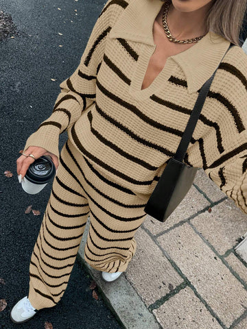 Relaxiva Women's Loose Striped V-Neck Drop Shoulder Long Sleeve Sweater & Elastic Waist Striped Sweatpants